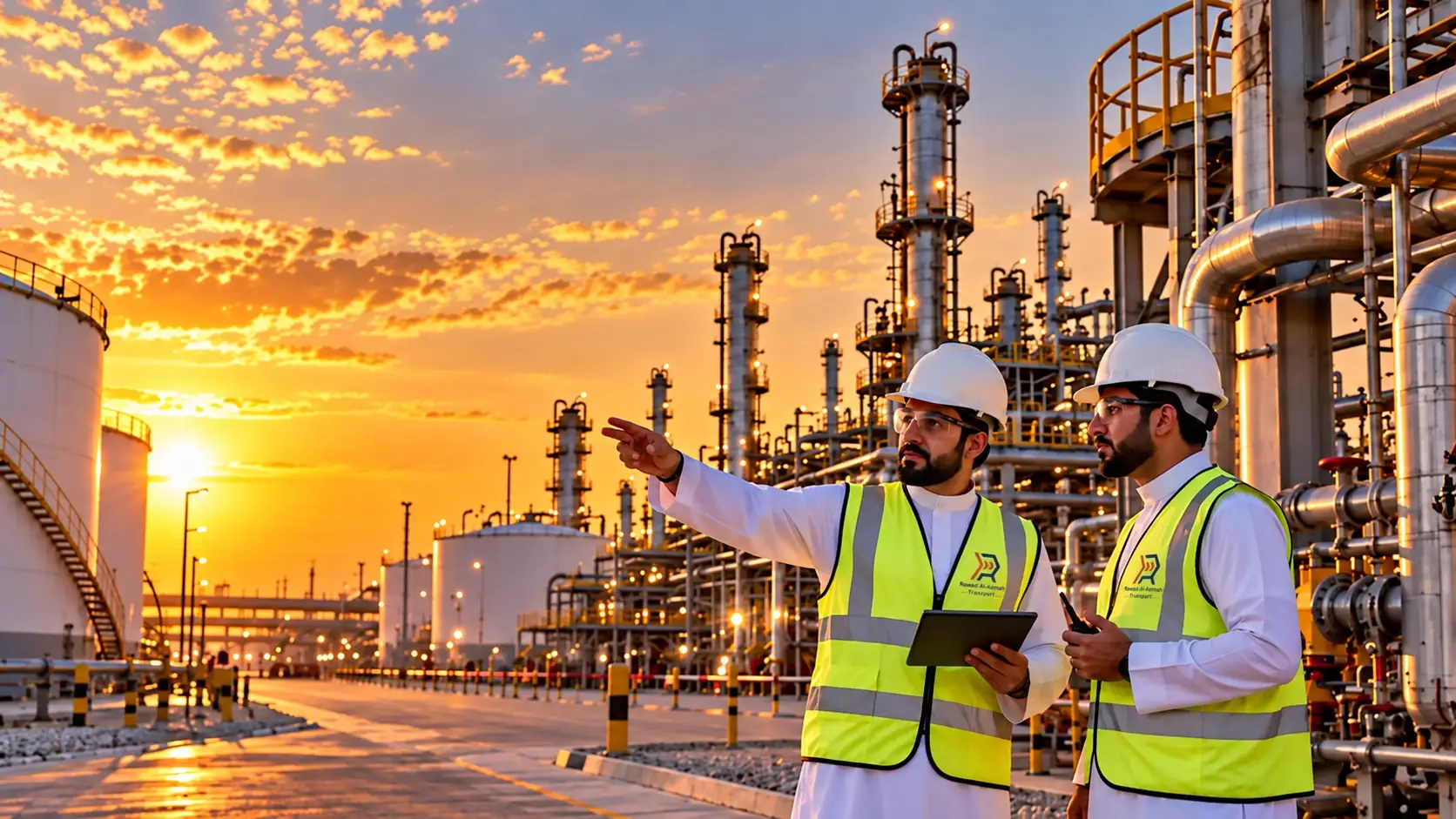 مهندسان بخوذات السلامة يتابعان العمل في منشأة بترولية